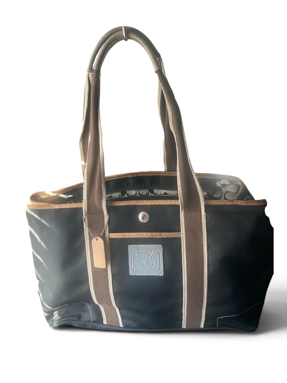 Coach Black Tote with Brown Trim and Tan Handles